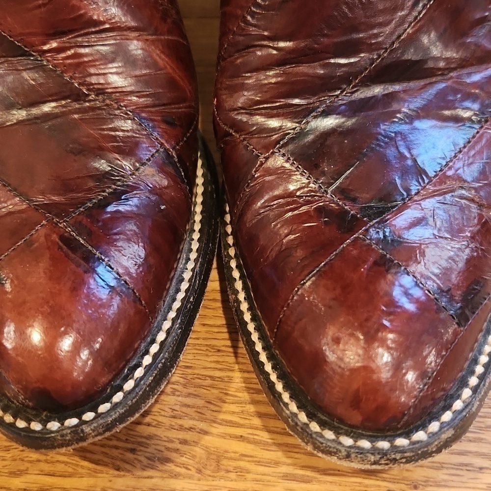 DAN Post Exotic Eel and Cowhide Cognac Boots Style 4219 Wm 5C Almond toe Vtg - Picture 8 of 16